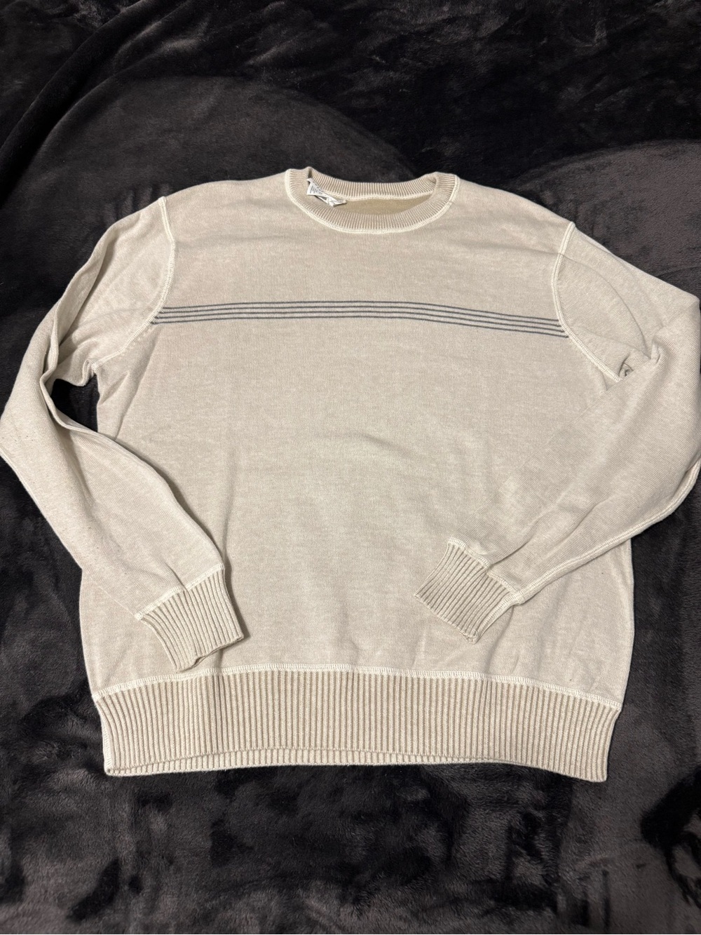 Geoffrey Beene Light Beige Reversible Crewneck Sweater with Narrow Stripe - Picture 1 of 8